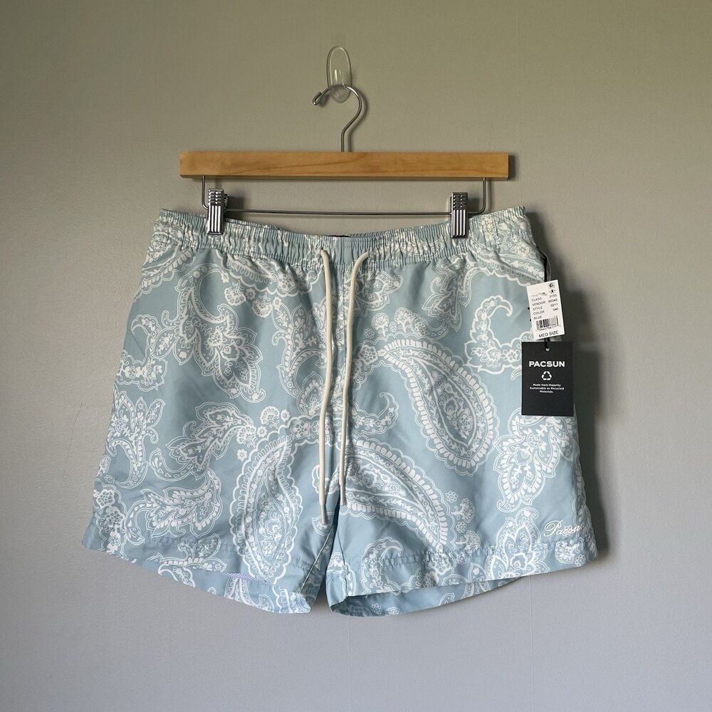 Pacsun Swim Trunks Shorts Paisley Pattern Blue Mesh Lined 4.5" Inseam Men's Med.